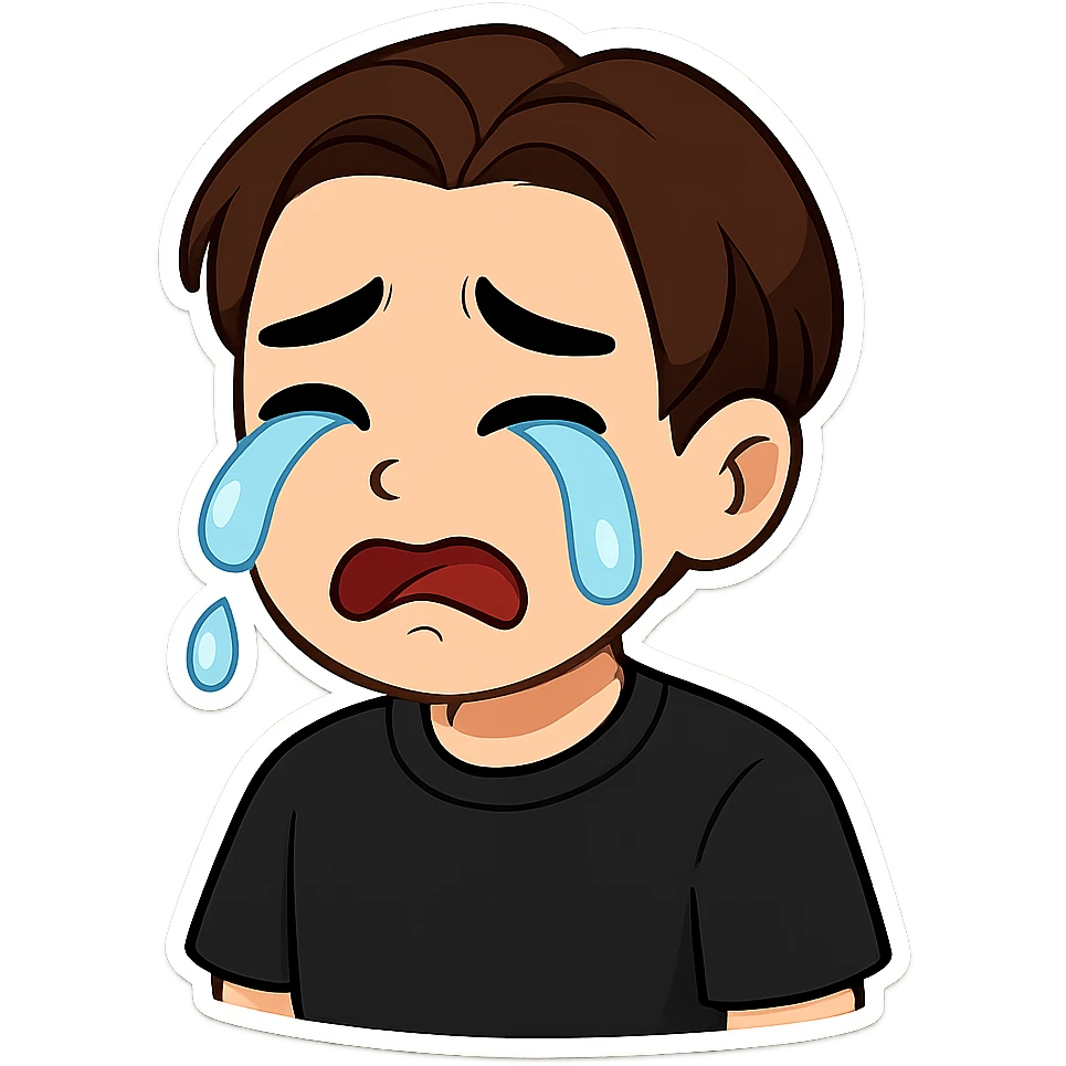 A cartoon man matching the reference image, crying with tears streaming from his eyes, sad expression. He wears a plain black t-shirt with no spots. Style: chibi stickers. emoji