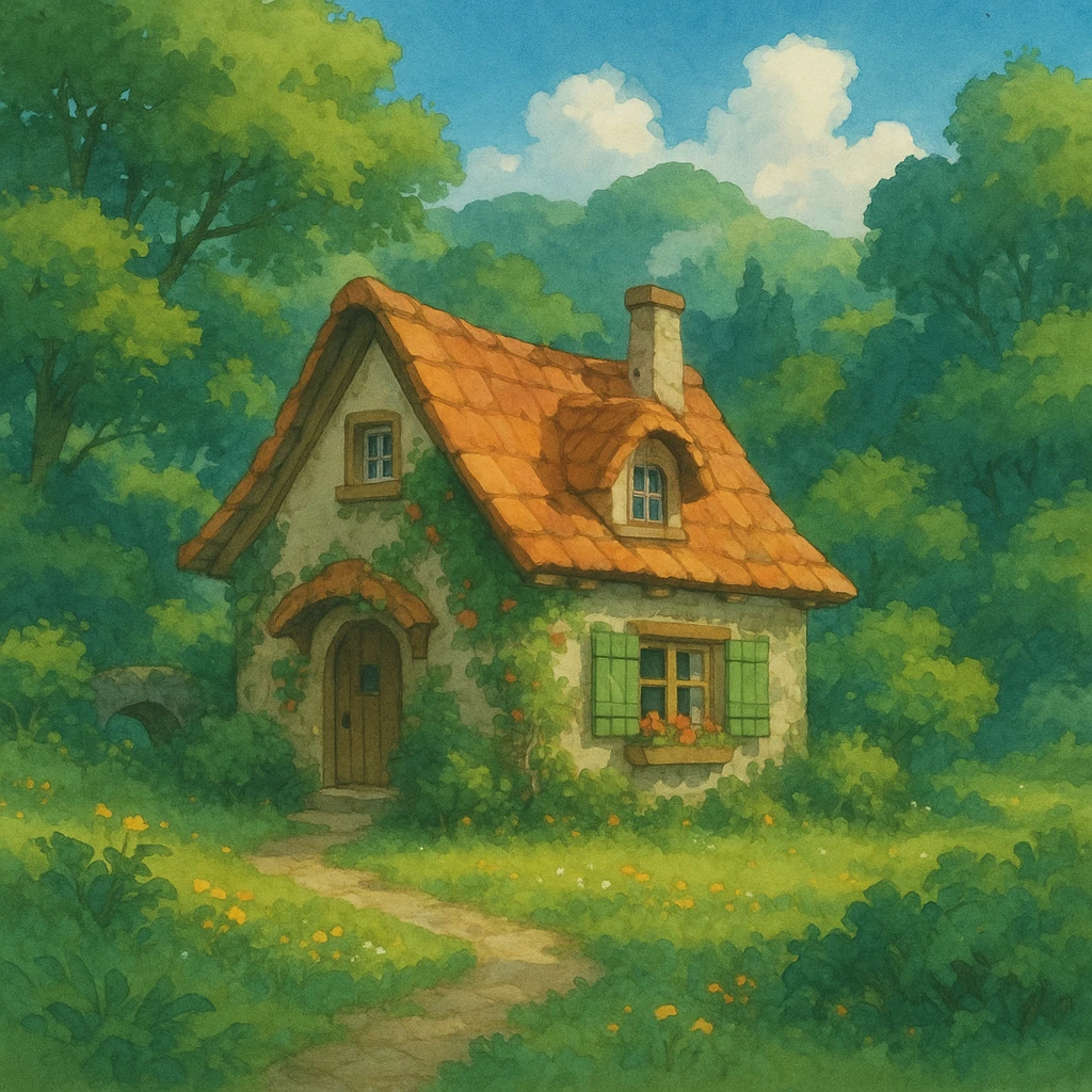 cozy cottage in a lush landscape with gentle lighting in ghibli style emoji