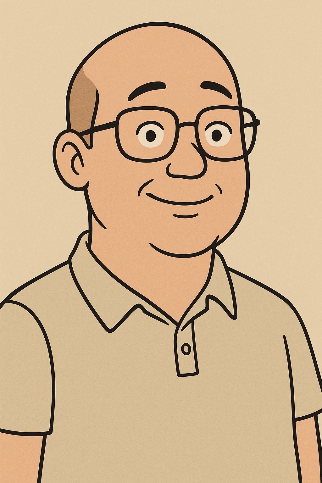 cartoon style, bald Asian man with glasses, friendly face, simple background emoji
