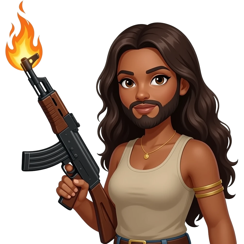 Muejer de tés medio morena con barba y pelo largo con un rifle con fuego emoji