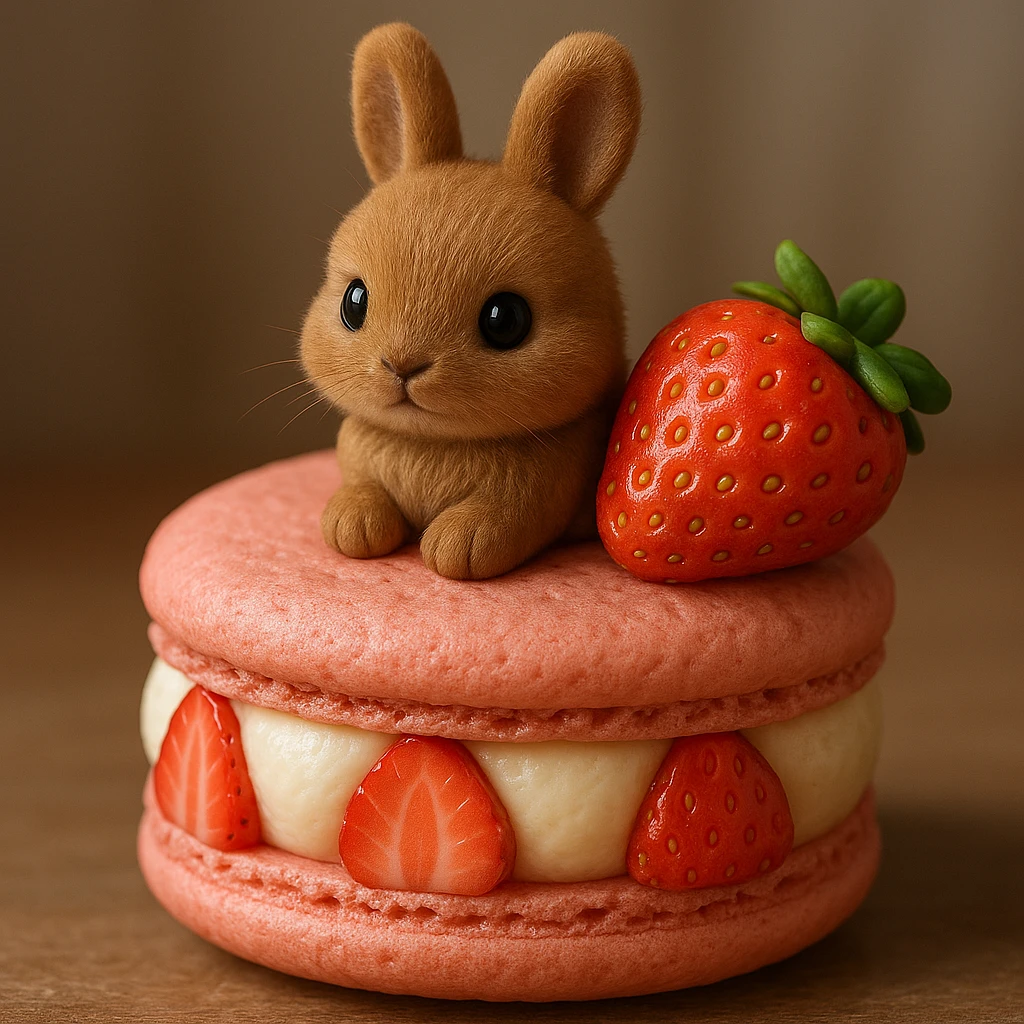 Add more details to the macaron and the bunny, enhancing the textures and features to make them more realistic and detailed in 3D iOS style. emoji