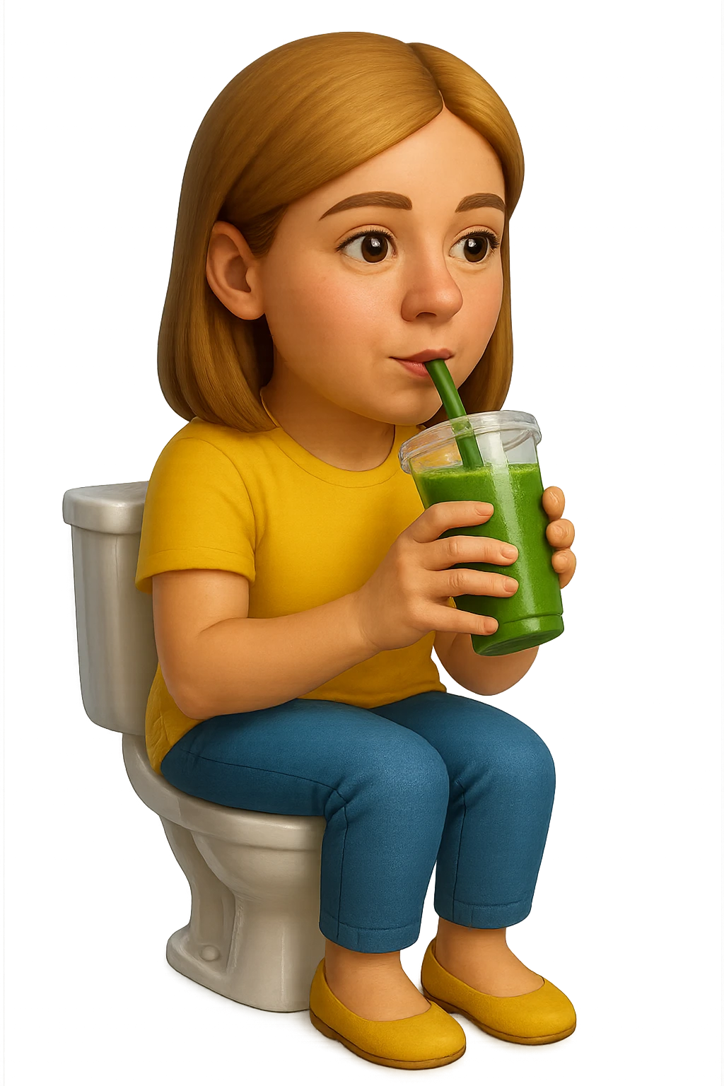 emoji stile iphone di una donna seduta sul wc che beve uno smoothies verde, iperrealistico 4k emoji