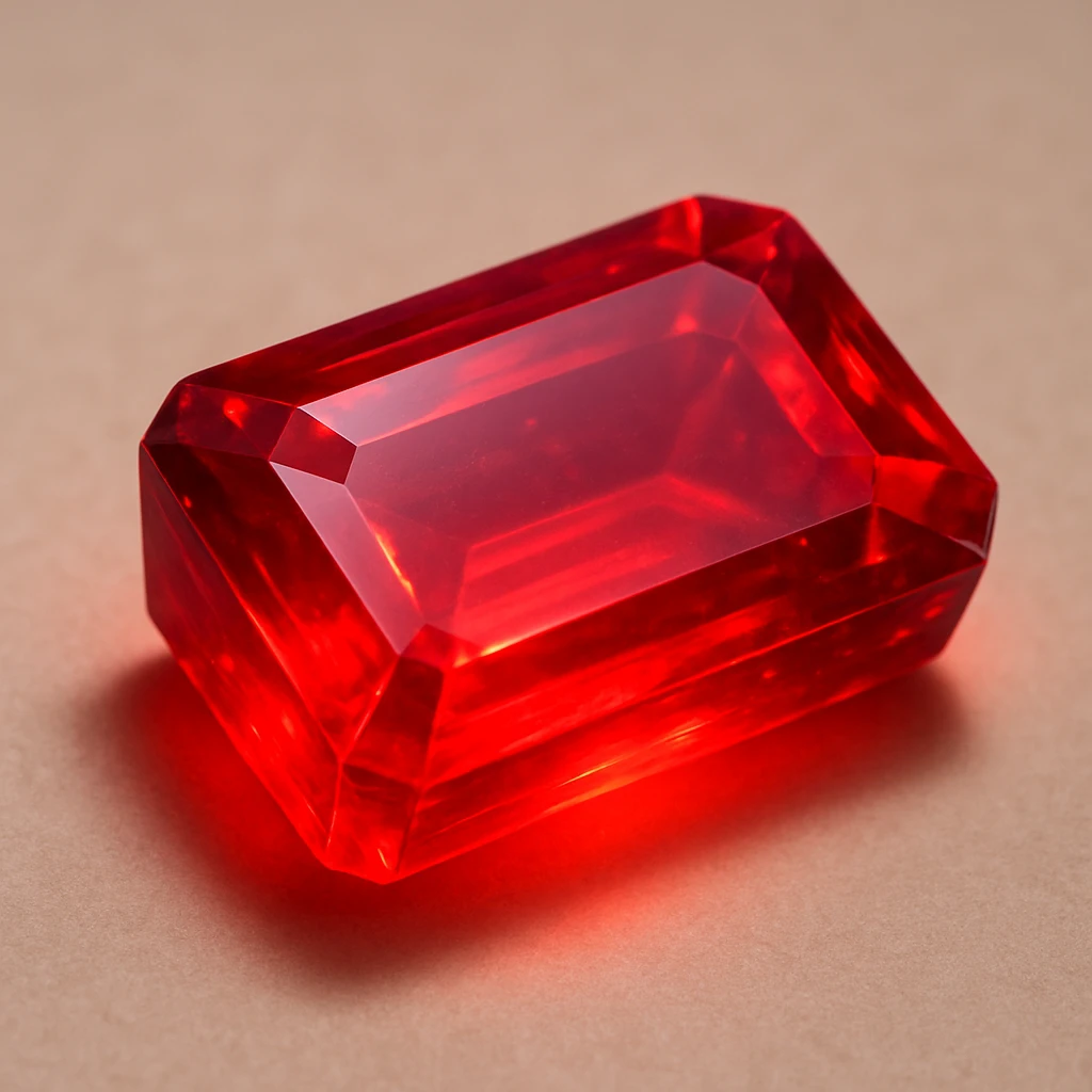 a rectangular ruby block, jewel-like shine, vivid red, translucent, glowing effect, on a neutral background emoji
