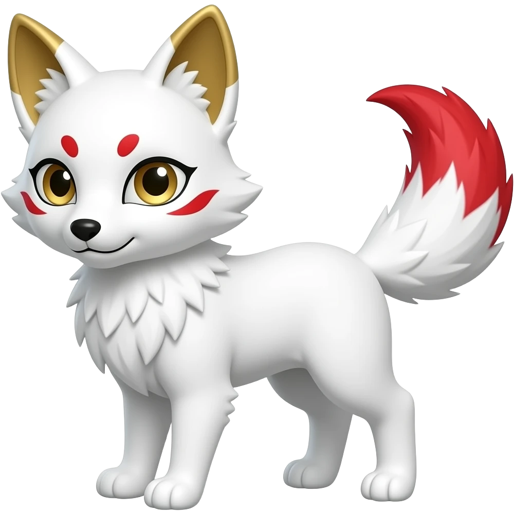 A white one-tailed Kitsune (Fox Form,) with red accents, gold accents inside of his ears and pale golden eyes. Pure white paws, and a red tail tip. emoji