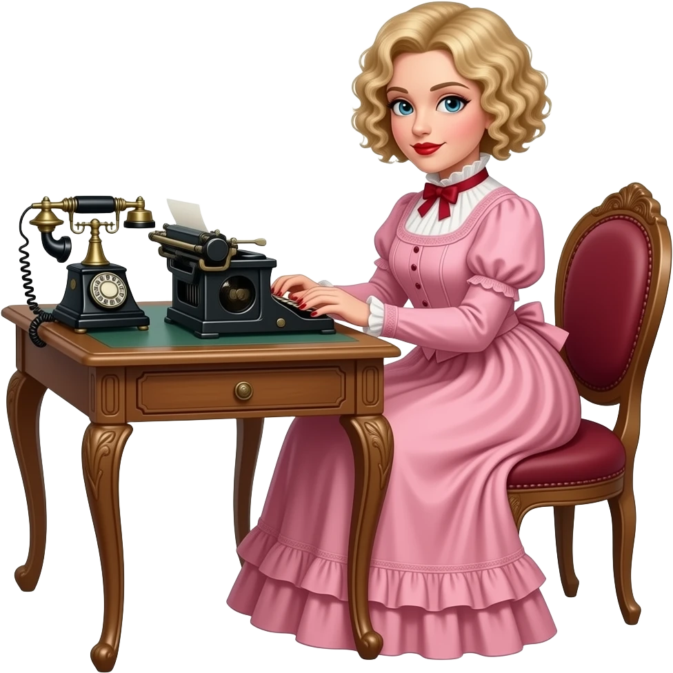 short blonde curly pixie bob hair in a 1800 pink outfit sitting down an antique desk with four wood legs, antique phone, and typing on an antique typewriter with red lipstick, red finger nails and in a Victorian setting emoji