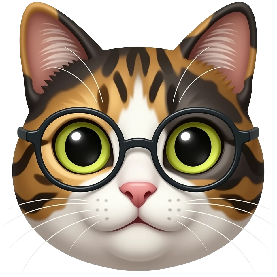 A Tortoiseshell cat face emoji looking like a eager professor. emoji