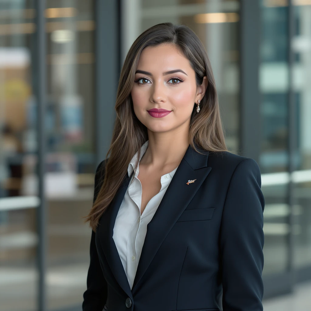 professional girl wearing a suit, standing confidently, business attire, clean background emoji