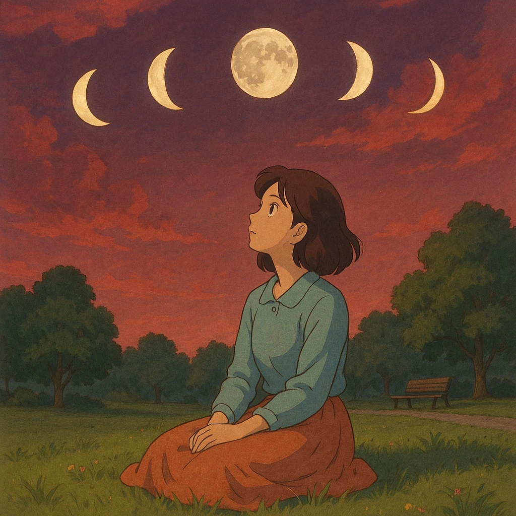mujer sentada en el pasto en un parque, cielo rojizo, mirando hacia arriba, lunas de las 4 fases alrededor, estilo ghibli, ilustración suave y detallada emoji