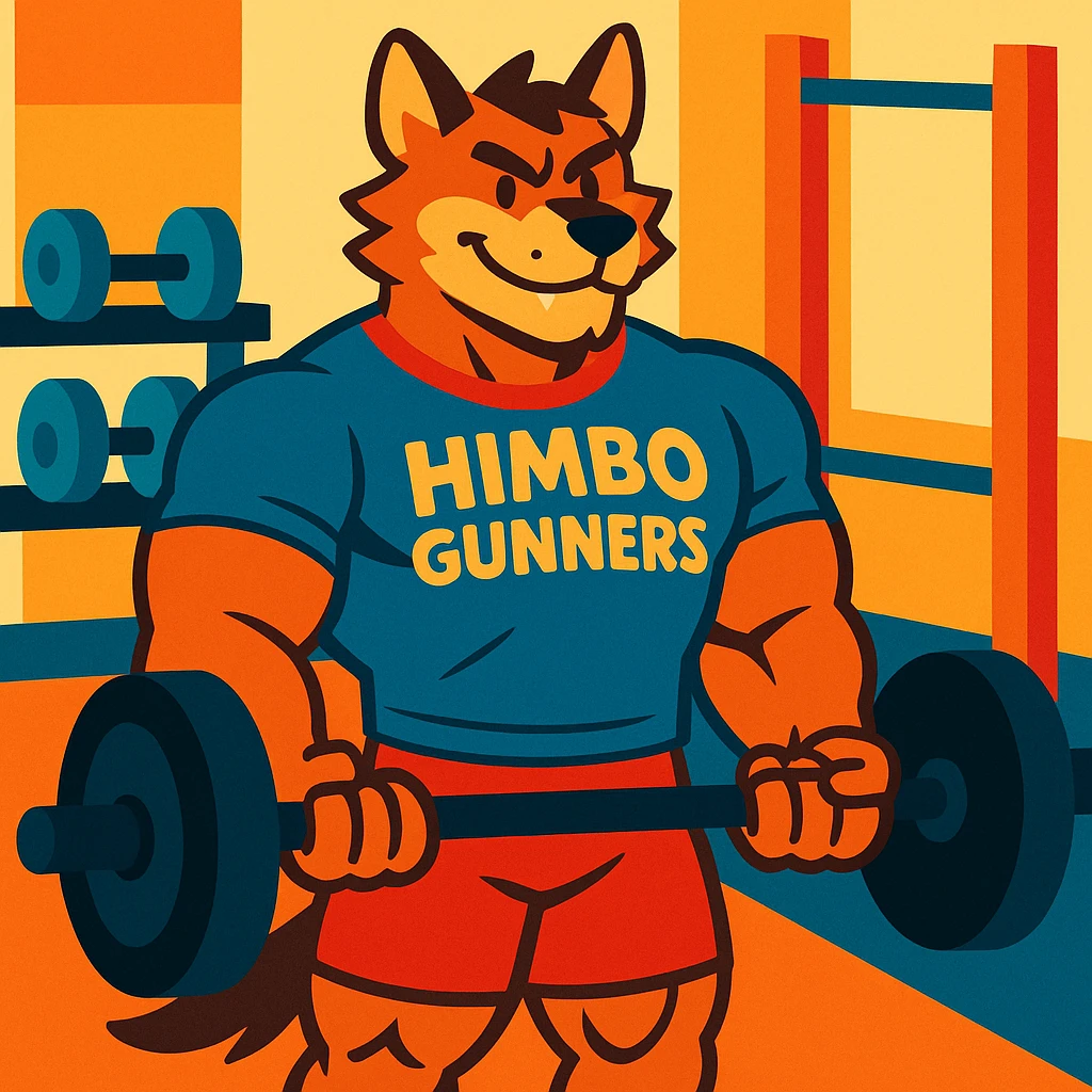 muscular furry character wearing a t-shirt that says 'Himbo Gunners' in a gym setting emoji