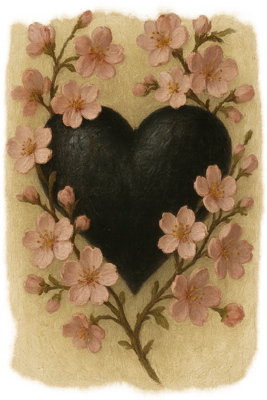 goth sakura heart, oil painting style, textured black heart, soft pink sakura, classic and rich emoji