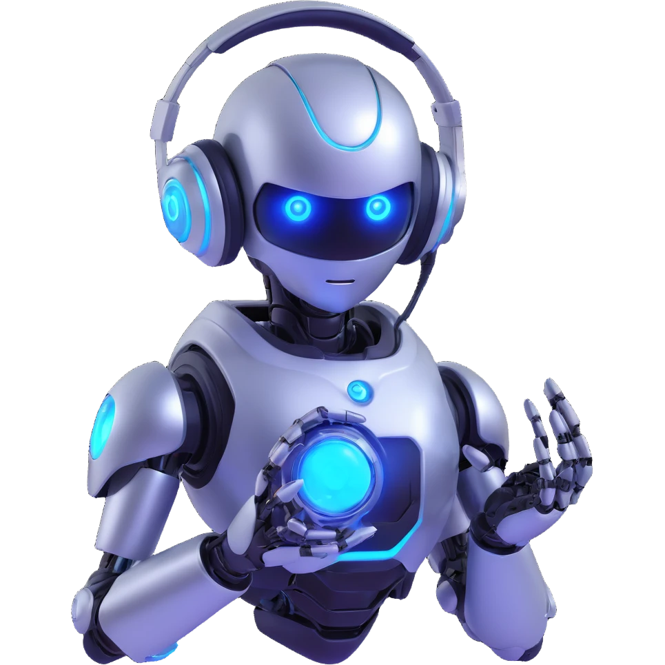 futuristic robot AI agent, shiny metal body, bright blue glowing eyes, headset, grasping digital orb emoji