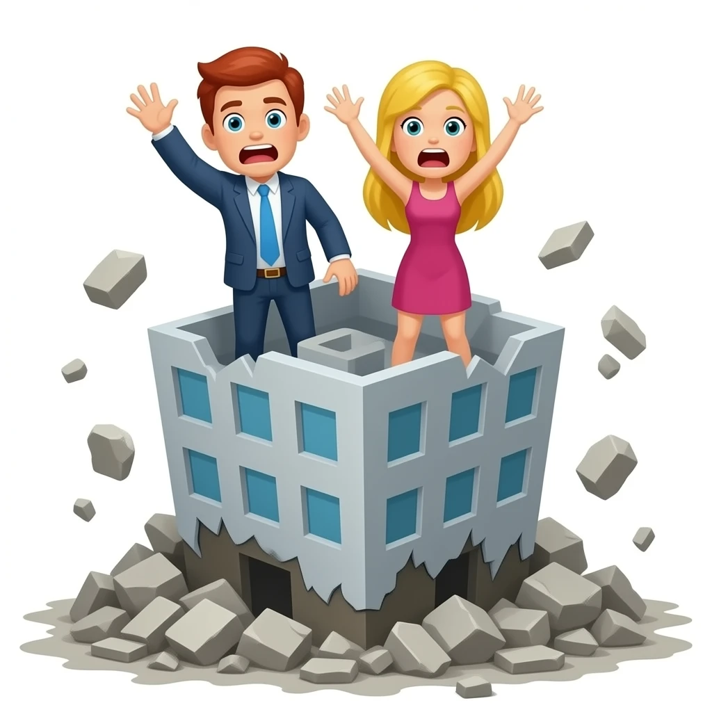 Building rocking in earthquake with a red headed man and blonde woman screaming from the top emoji