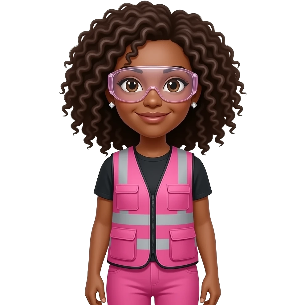 light skin women with brown eyes with curly hair wearing diamond earrings wearing pink and clear safety glasses wearing a pink construction vest wearing pink pants emoji