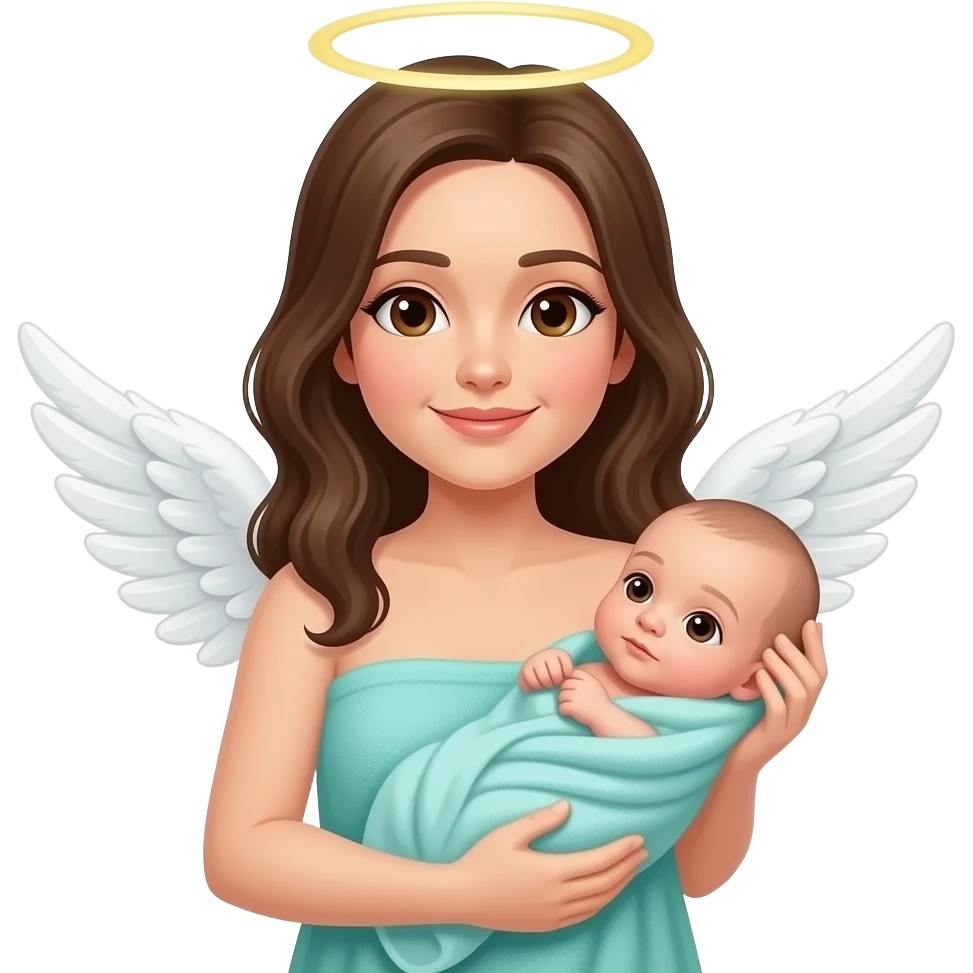 Mother with white newborn baby boy with no hair wrapped in a aqua towel with angel wings and a halo brown eyes emoji