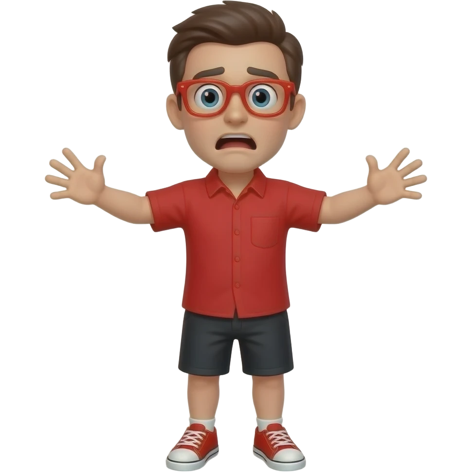 Red shirt red glasses scared face arms out red shoes black shorts emoji