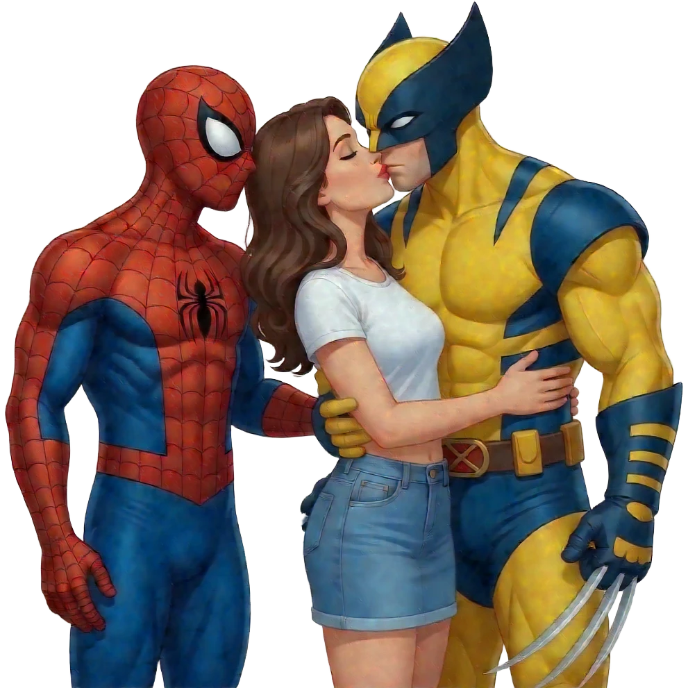3 characters hugging and kissing: spiderman,  wolverine behind grabbing her hips emoji
