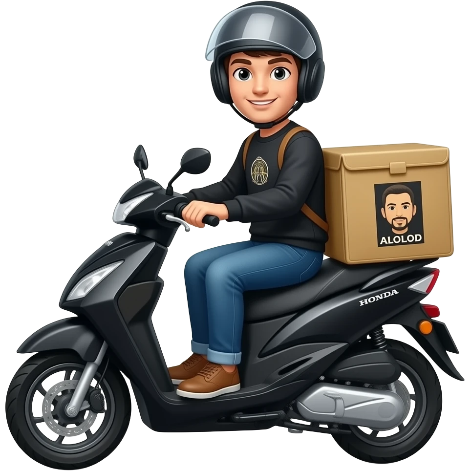 Delivery rider in black Honda click motorcycle with ALOLOD logo on his long sleeve emoji