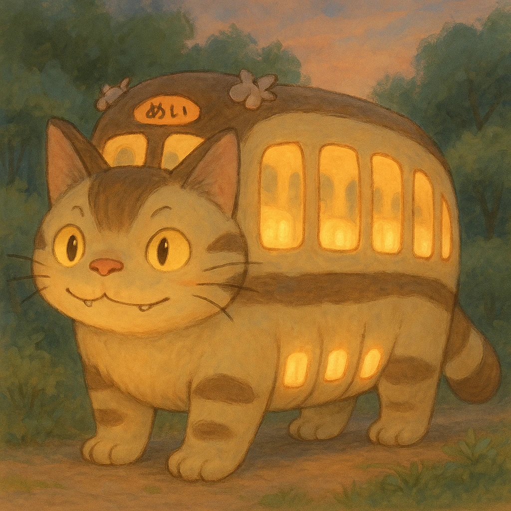 a gentle cat bus with glowing windows, ghibli style, warm, friendly, soft colors emoji