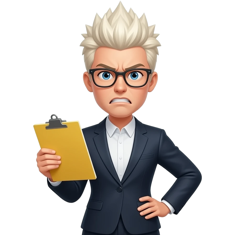 frusturated woman, bleach blonde hair, very short, stiff, sharp spiky hair, styled in vertical points, styled upward, wearing glasses, one hand on hip and one holding yellow legal pad, no suit or tie emoji