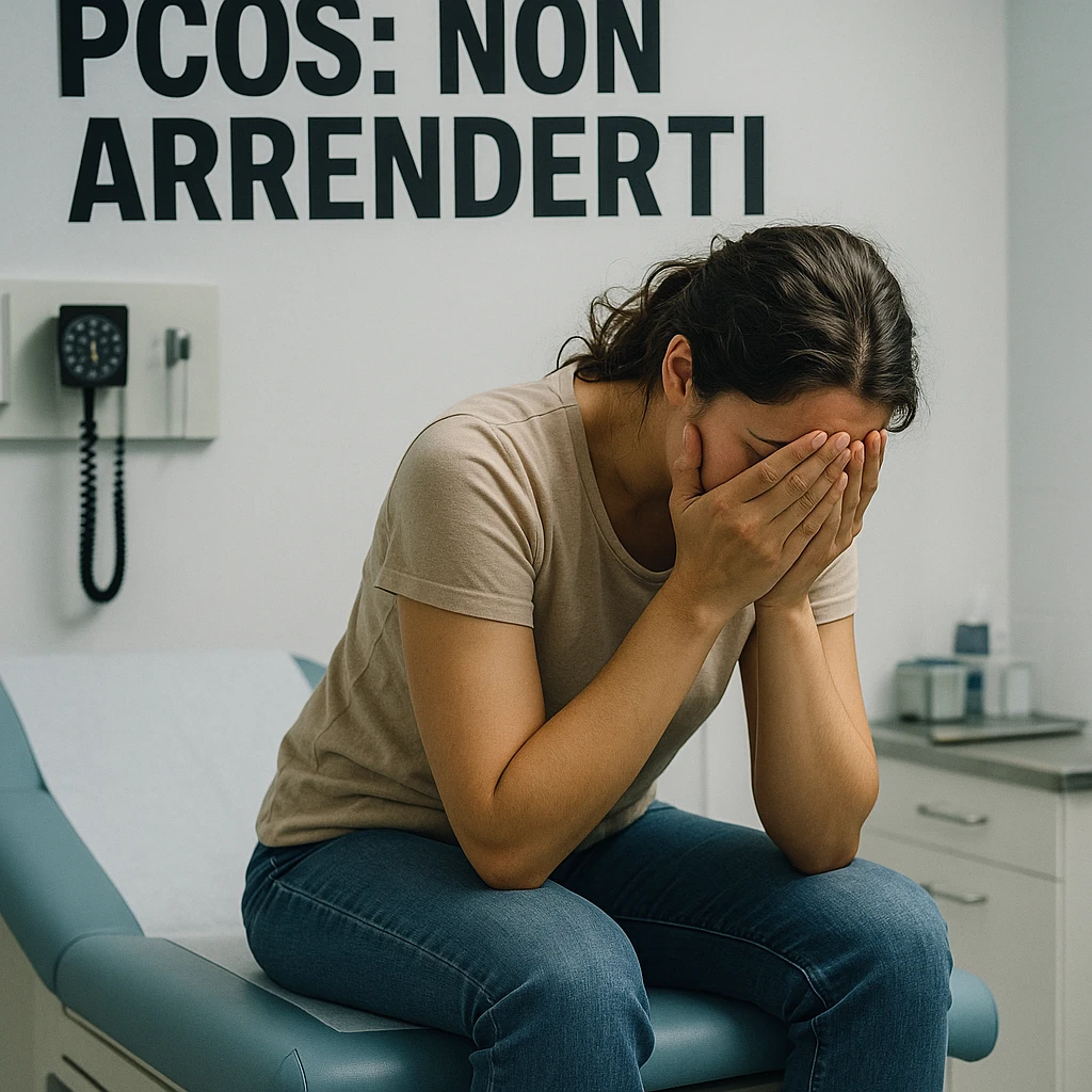 woman in clinical environment, sitting on medical examination table, head down and hands on face, atmosphere of distress, Italian text: 'PCOS: non arrenderti', 4K quality emoji