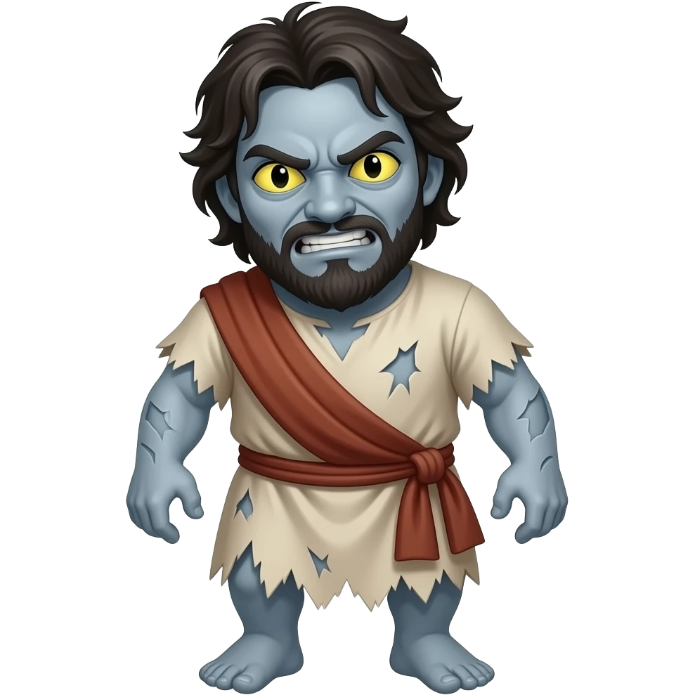 A full bodied emaciated man with ashen colored skin, yellow serpent eyes with slim black slits for pupils and possessed by an evil spirit man that has an angry smile on his face, wearing tattered clothing from biblical times emoji