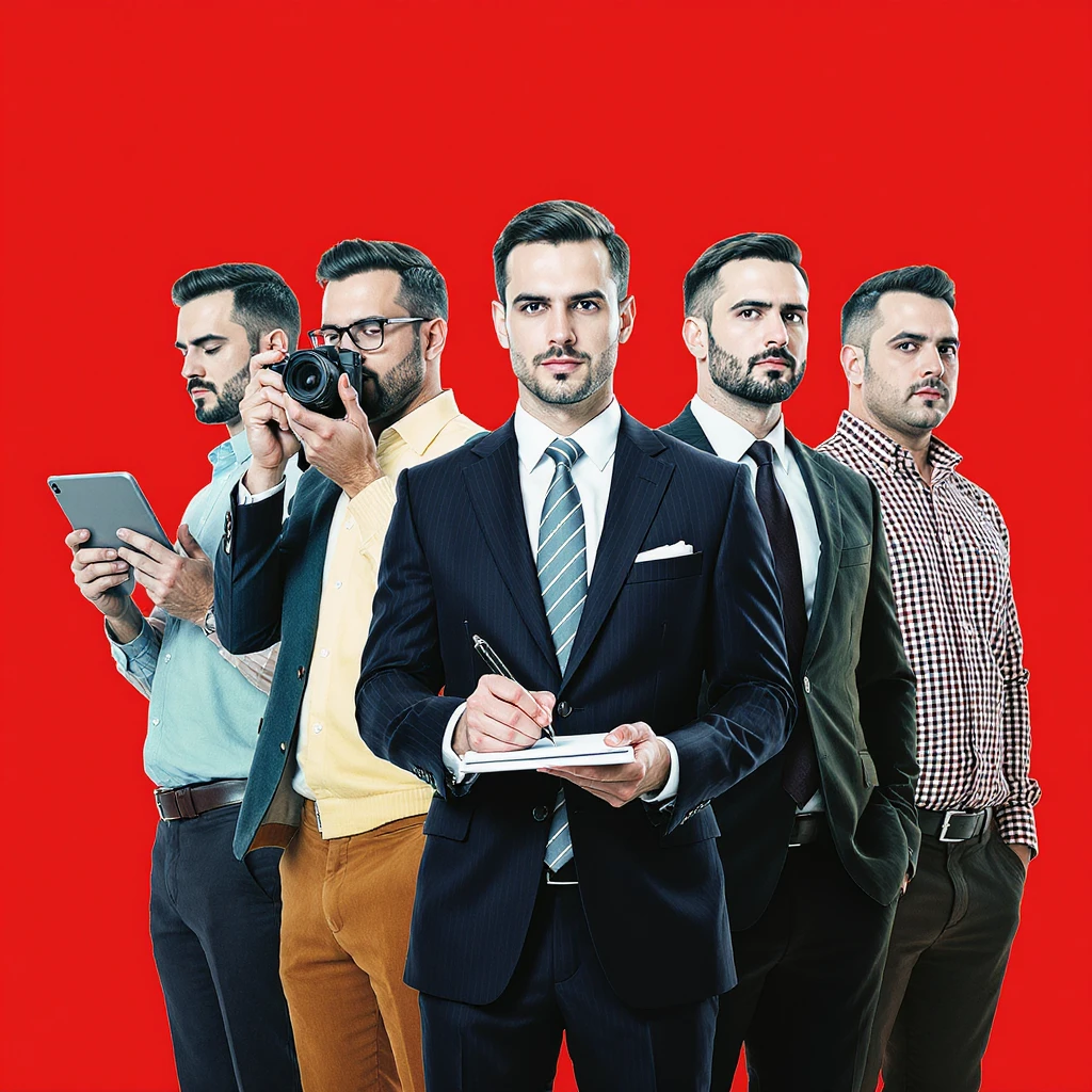 Dynamic poster, Make him as 5 clones. First holding ipad, Second holding camera, another writing, make them diffrent outfits (red soild background) emoji