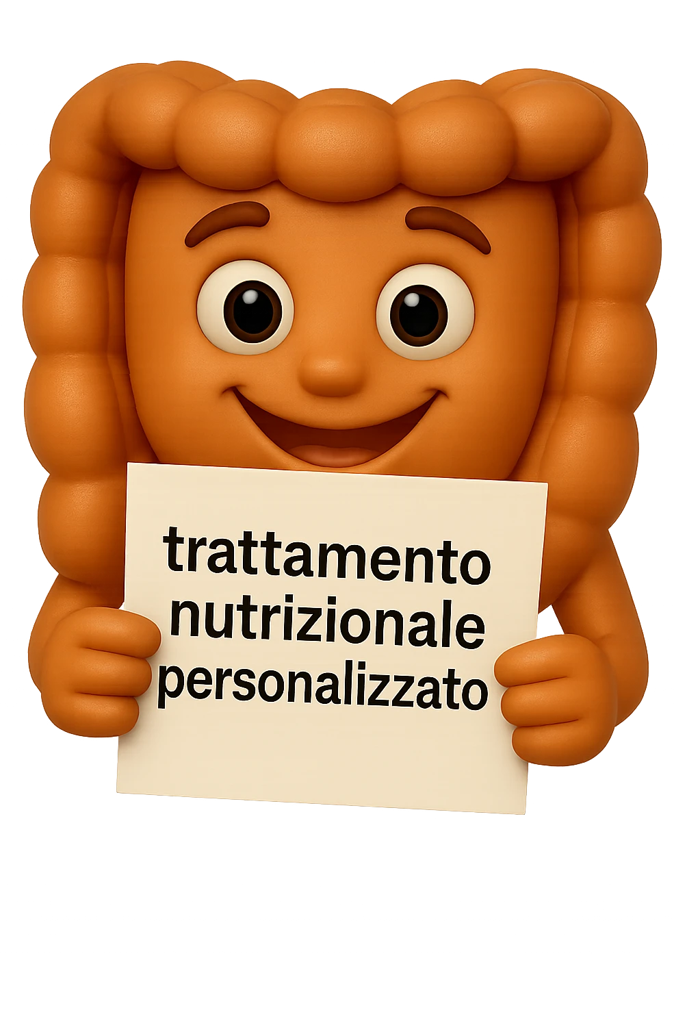 emoji stile iphone di un intestino felice che legge un foglio con la scritta "trattamento nutrizionale personalizzato", non fargli il naso, iperrealistico 4k emoji