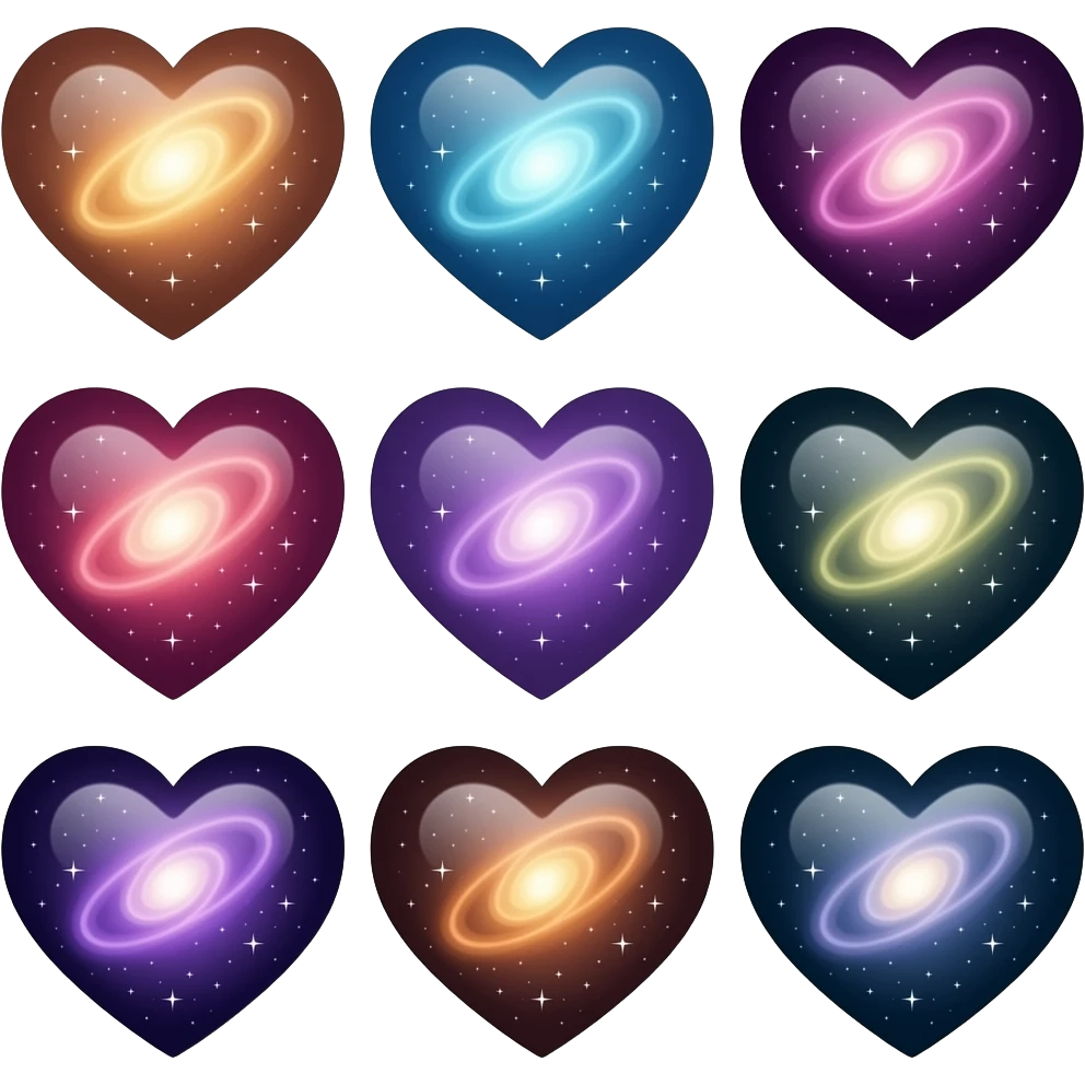 loads of different cool galaxy hearts but all different coulour emoji