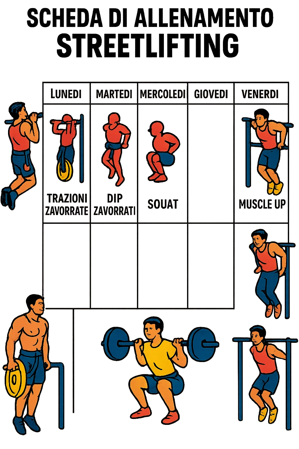 a streetlifting training sheet with icons for each exercise—weighted pull-ups, weighted dips, squats, muscle-ups—organized in a weekly schedule. Around the sheet, small illustrations show athletes performing each movement with proper form. The color palette is bold and energetic, and the background is clean and minimal. in italiano emoji