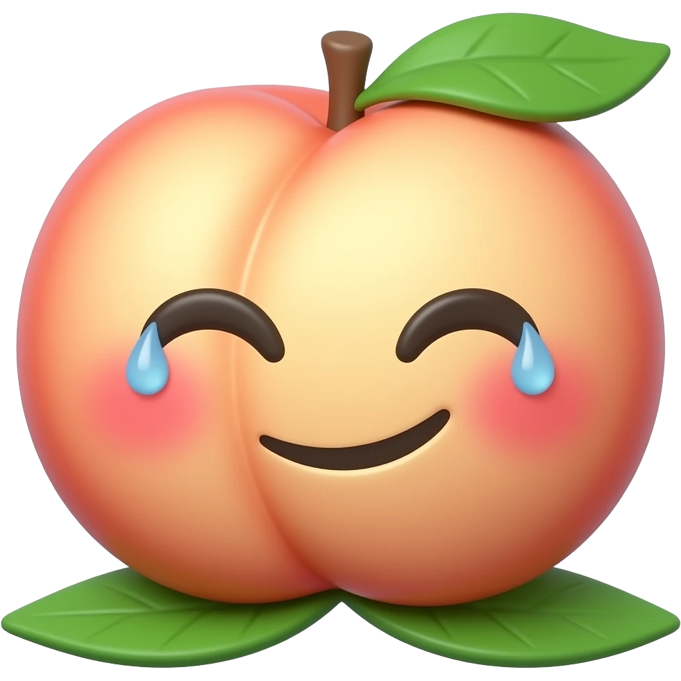 A glossy 3D peach emoji sticker with blushing cheeks, shiny wet look, tiny sweat drops, mischievous expression, playful spicy adult humor, Apple emoji inspired style, clean transparent background, soft shadow, high quality, no text, no watermark, non-explicit emoji