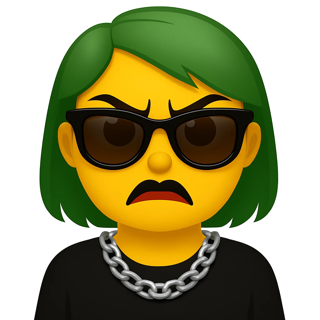 Create an emoji style image of a girl with green hair and an angry expression. She has brown eyes, lipstick blended with black and red, black sunglasses, and a chain necklace. emoji