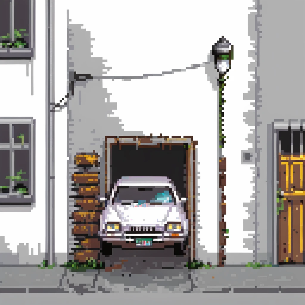 Pixel art back alley, graffiti walls, broken fence, flickering street light, abandoned car, urban decay, vertical composition, 9:16, Sega style 2D fighter background
 emoji