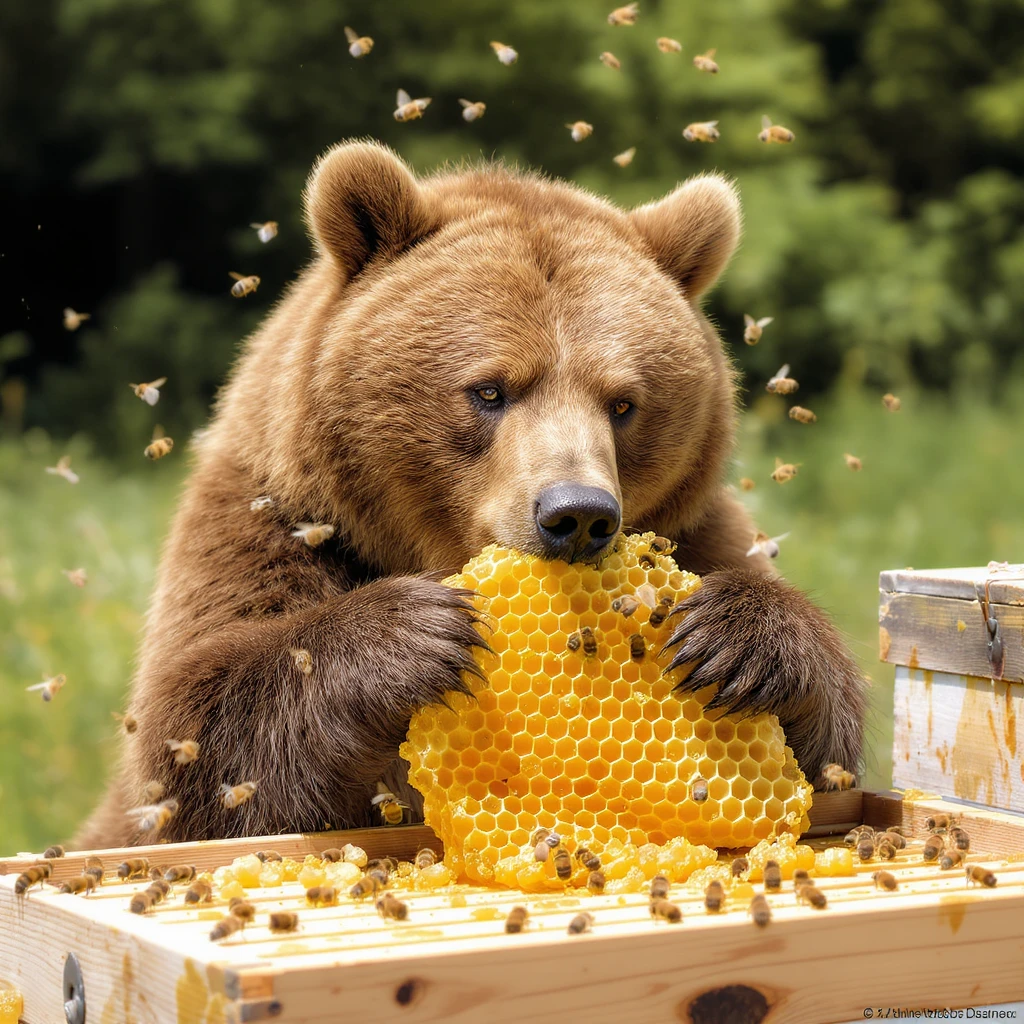 bear eating honeycomb with bees flying around emoji