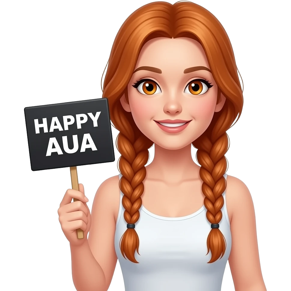 sexy girl with long ginger braids and ginger eyes wearing a white tanktop is holding a black sign with HAPPY AUA written on it emoji