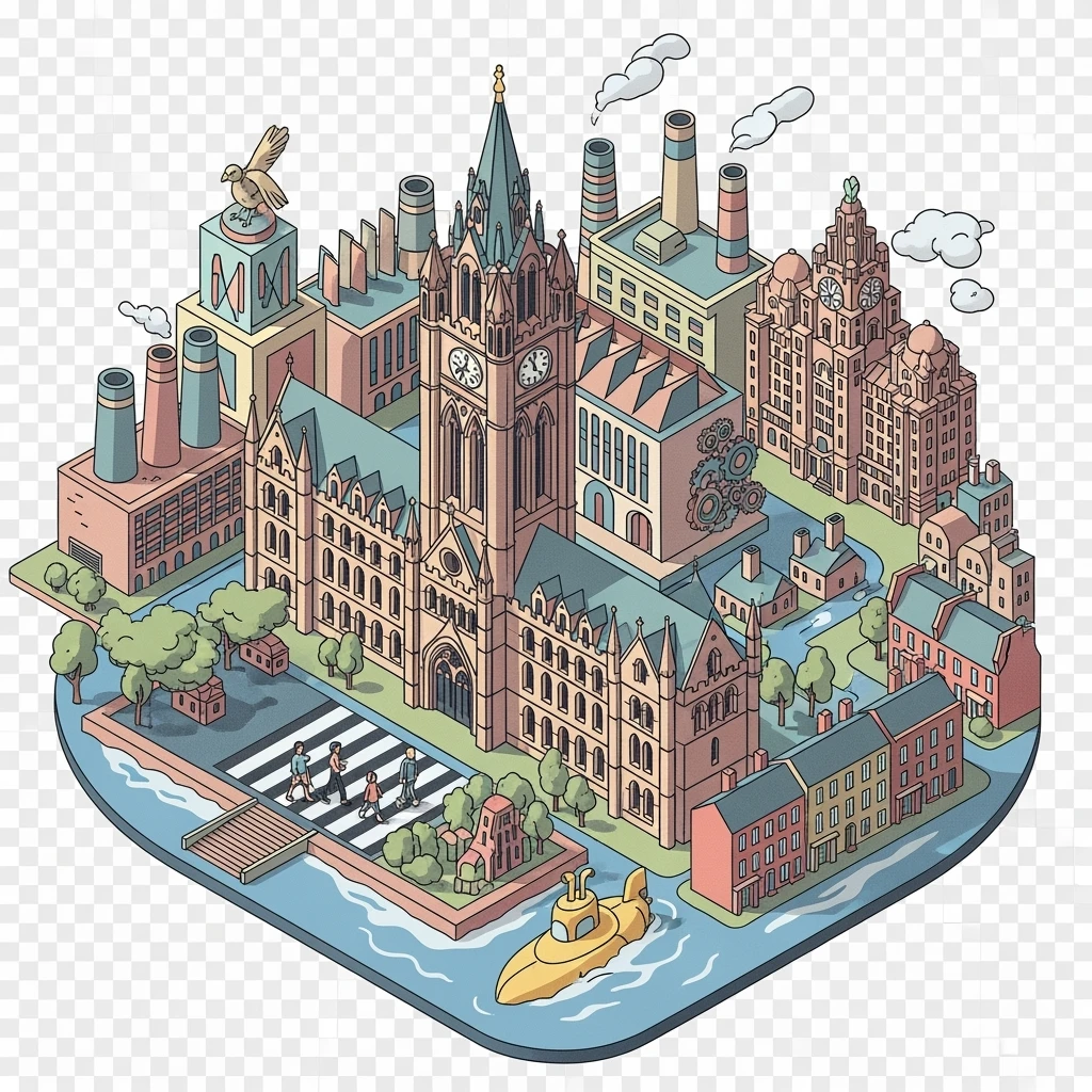 Isometric illustration of Manchester and Liverpool combined, featuring Beatles references (Abbey Road sign), Manchester Town Hall, toy-style factories, muted pastel tones, transparent background emoji