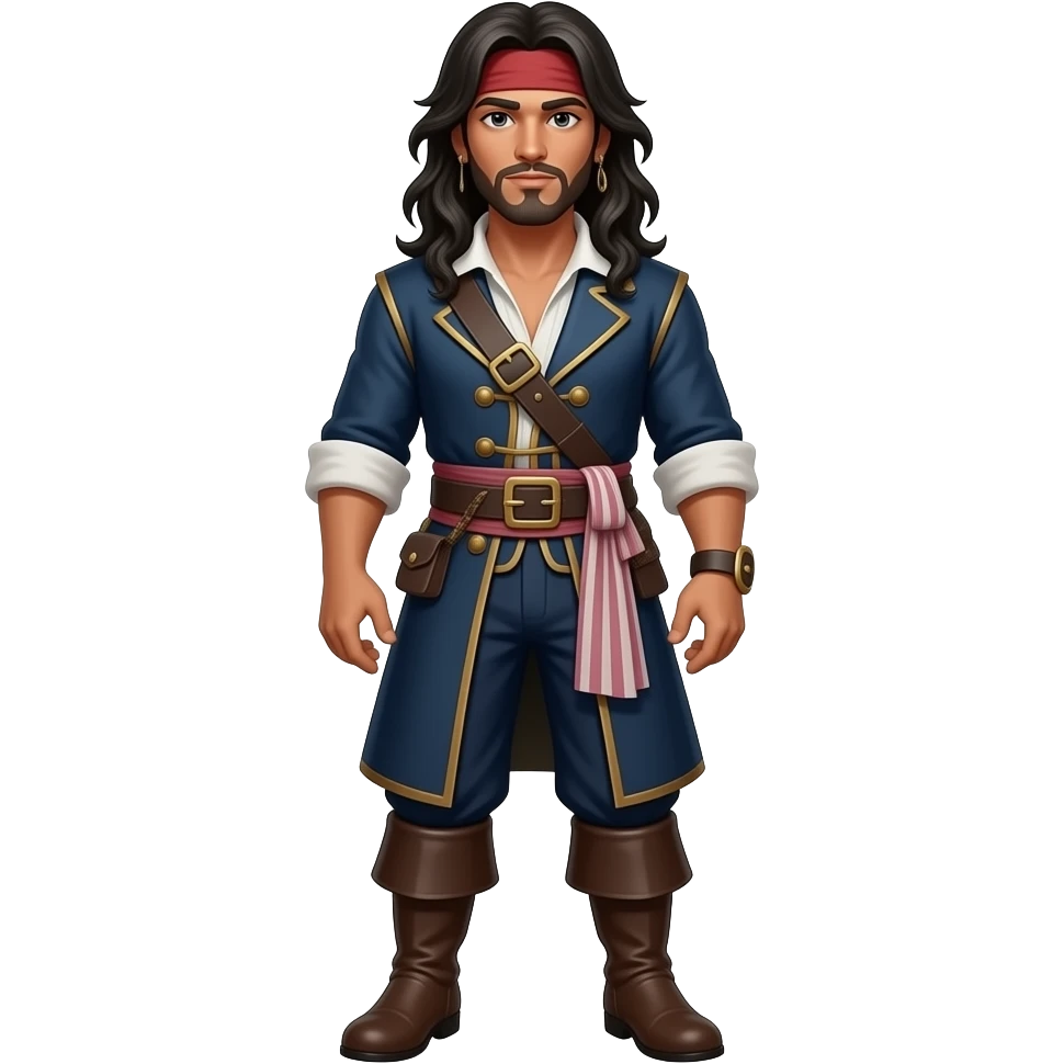 Anime male pirate brown skin dark pirate cost pirate dark blue pants and brown boots long black hair very tall full body emoji