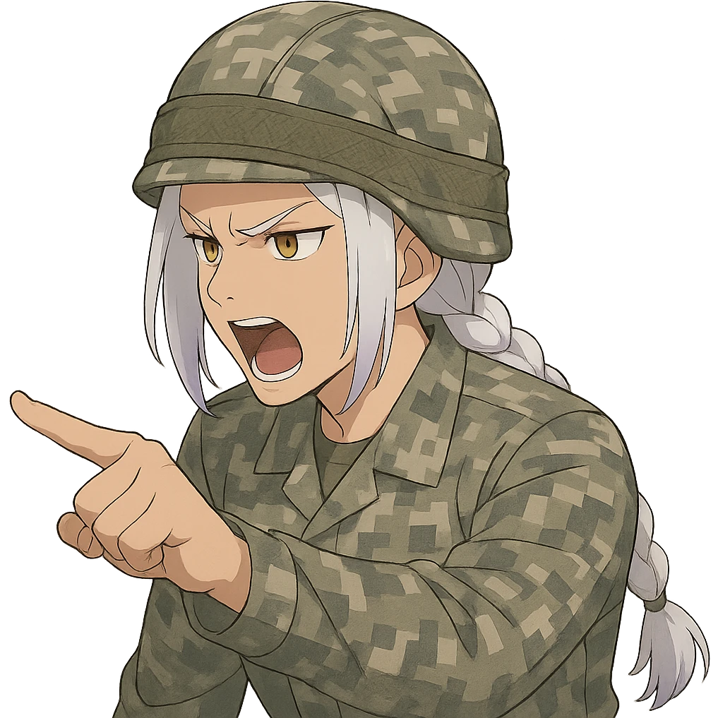 Style of Anime, 1 female, gold yellow eyes, white hair lavender tips, locks in front, mohawk, long white braid, she is a drill sergeant at work, focused facial expression, shouting command, eyes looking down in front of her, pointing a blade hand gesture to the forward direction, uniform of gray large scale digital camo. her head is covered with a PAGS style wrapped ballistic helmet emoji