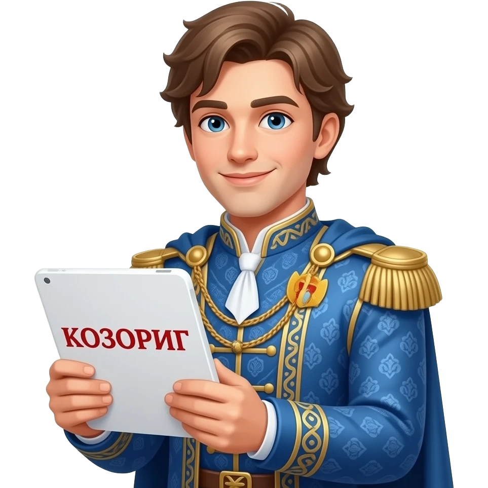 Гарний принц тримає в правій руці білу табличку де написано кириллицею "КОЗОРІГ" emoji