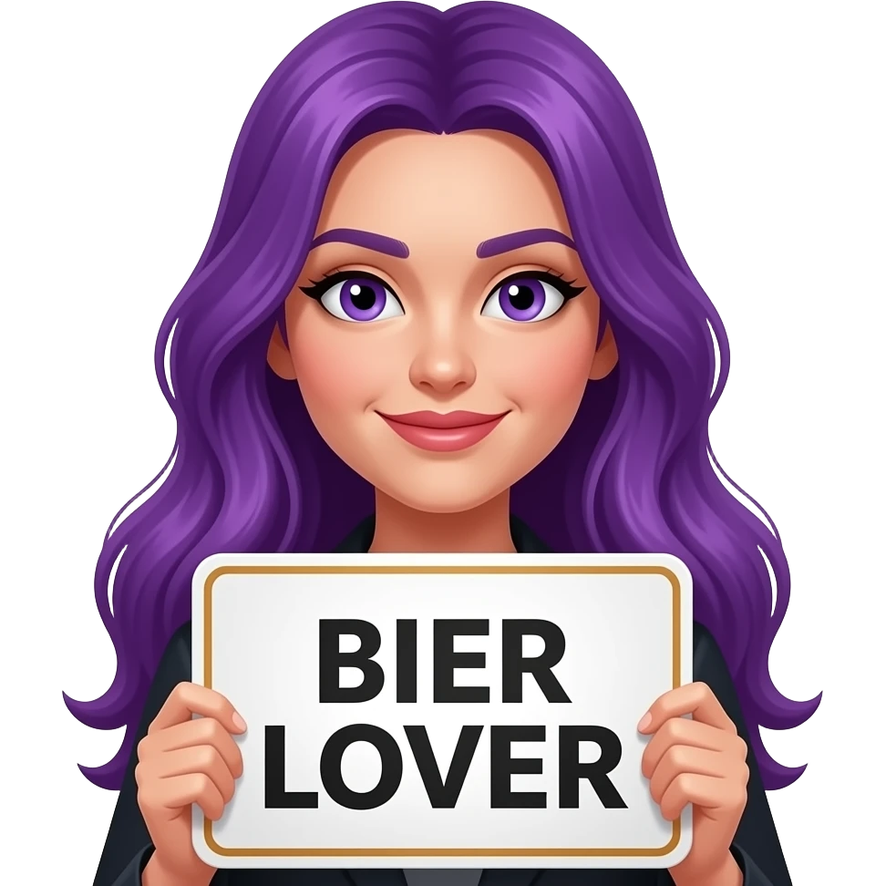 sexy girl with long purple hair and purple eyes holding a BIER LOVER sign emoji