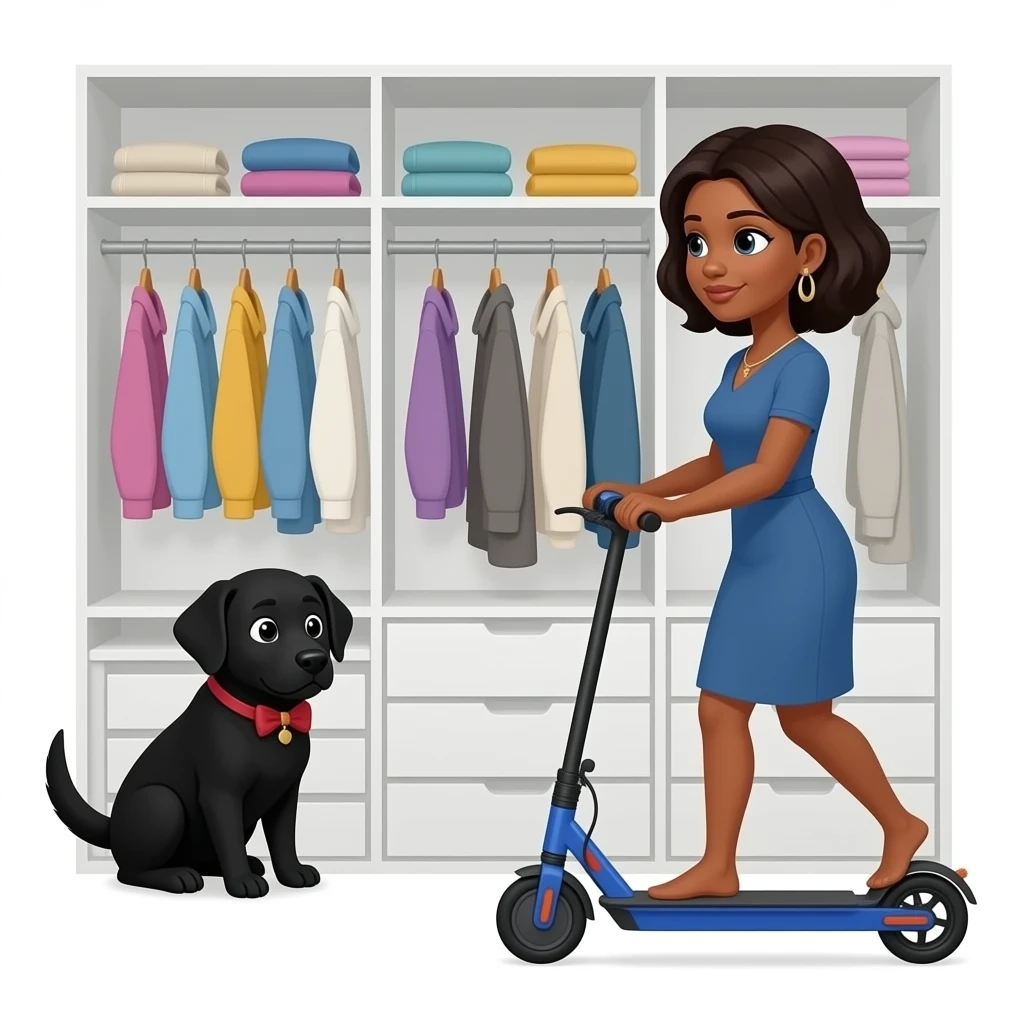 Black lab hiding in clothes walkin closet with black skinned female owner on mobility scooter emoji