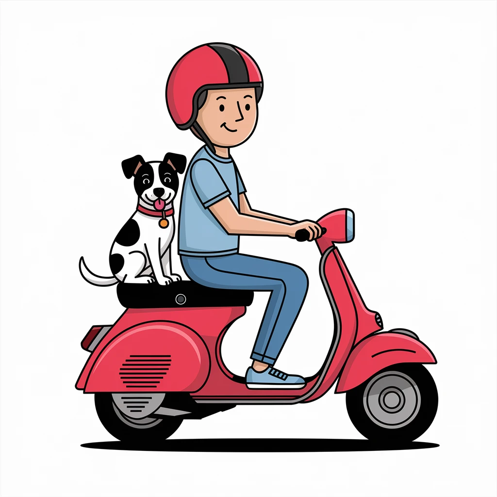 vector art of a man and his pet dog riding a vespa, for website design emoji