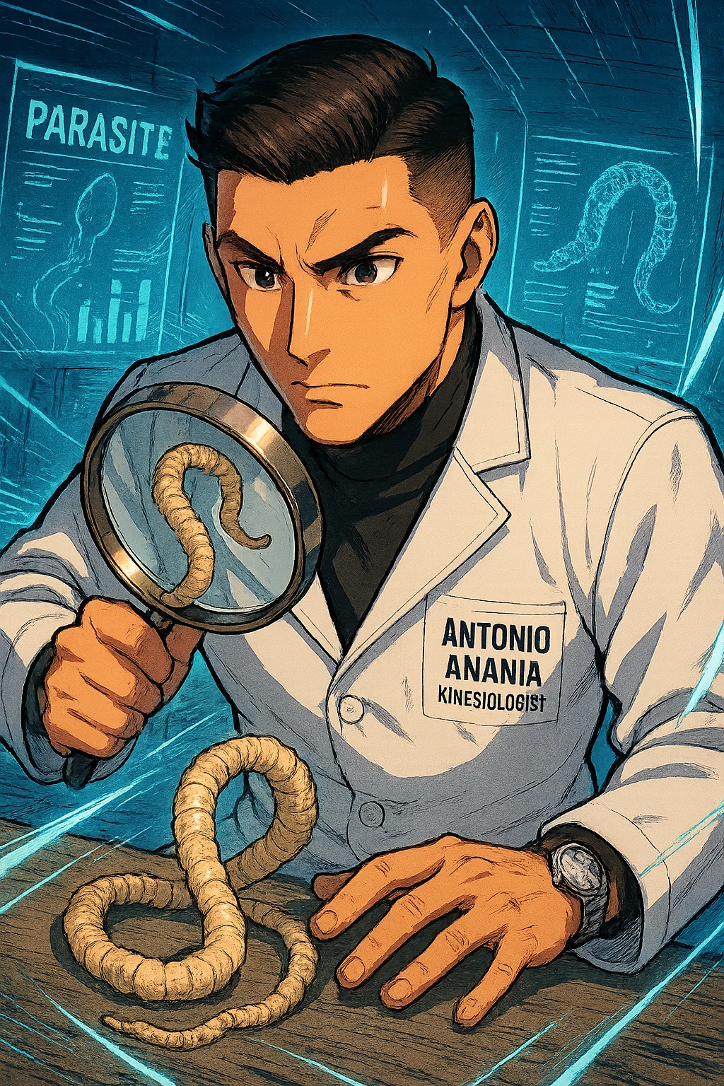 A dynamic manga/webtoon-style illustration of a young male kinesiologist wearing a clean white lab coat, analyzing light beige worms like a tapeworm under a magnifying glass. His expression is focused and slightly intrigued, with sharp, detailed eyes. The art style is vibrant, with bold linework, rich colors, and dramatic lighting. The background is a futuristic laboratory with glowing holographic screens displaying parasite data. The tapeworm is intricately drawn, slimy and segmented, with a slightly exaggerated yet realistic texture. The composition is dynamic, with motion lines or energy effects to emphasize his scientific investigation. The atmosphere is intense but not dark, keeping a balance between scientific seriousness and stylish manga aesthetics, he has "ANTONIO ANANIA" WRITTEN ON WHITE LAB COAT emoji