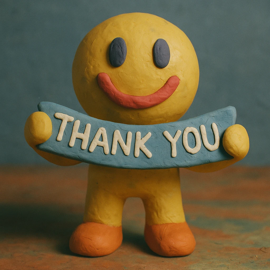 claymation emoji character holding a thank you banner emoji