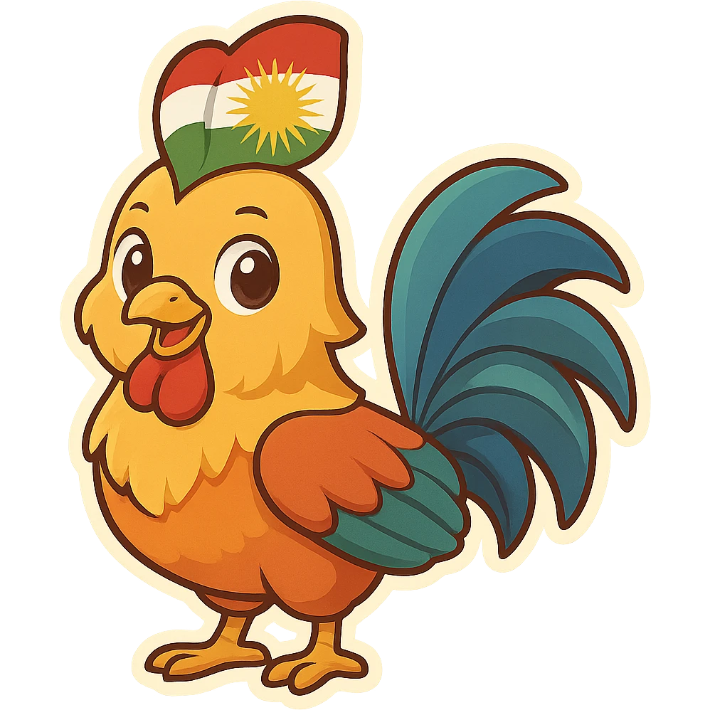 colorful and cheerful cartoon sticker of a Kurdish rooster (native rooster of Kurdistan), no text, suitable for WhatsApp and Instagram, transparent background emoji