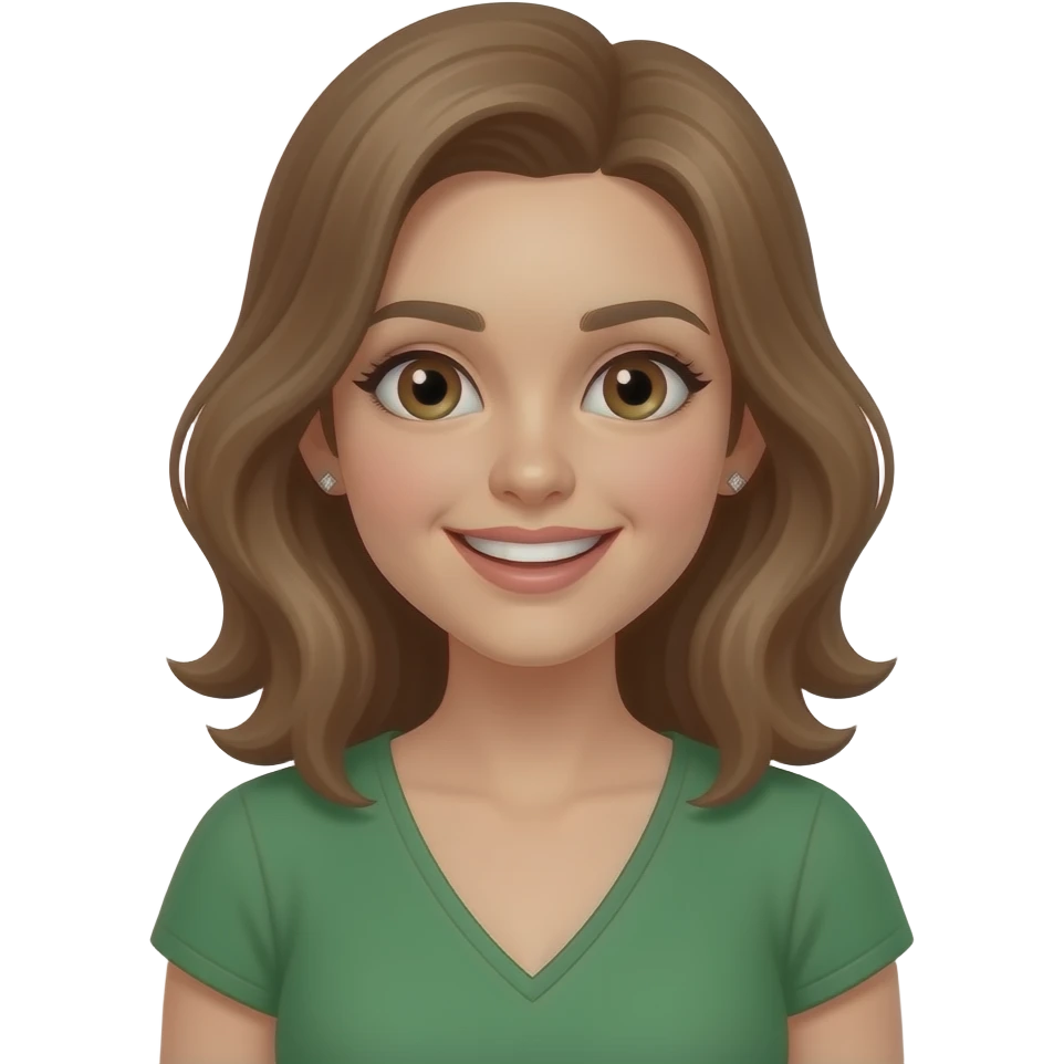 girl like https://www.emojis.com/emoji/emoji-VD96a8gMUDC but with light brown hair, brown eyes, small diamond earrings, v neck dress in green, smile with teeth emoji