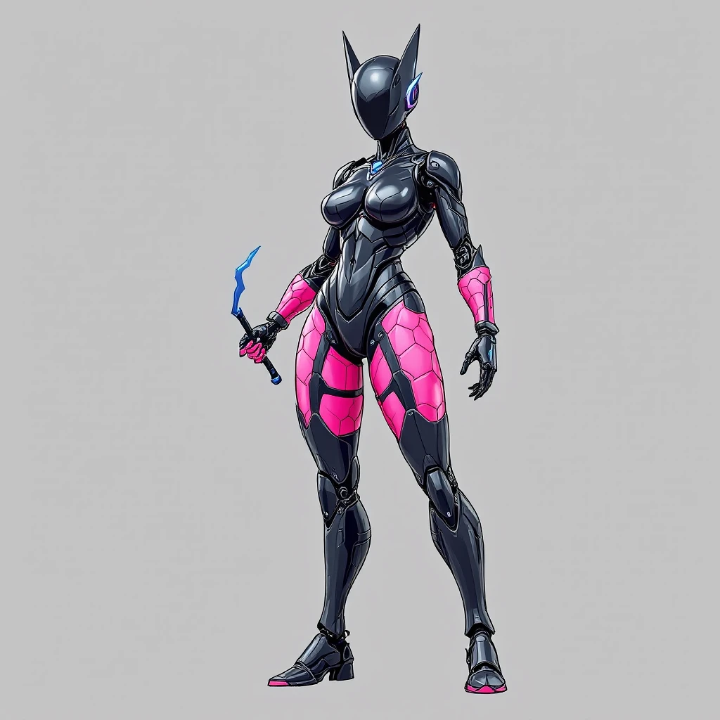 Render the slim, powerful black female robot in a confident pose, with small ear pieces, holding a lightning whip by the handle. Her thighs are pink and have a hexagonal pattern, matching the reference style. No sticker border, transparent background. emoji