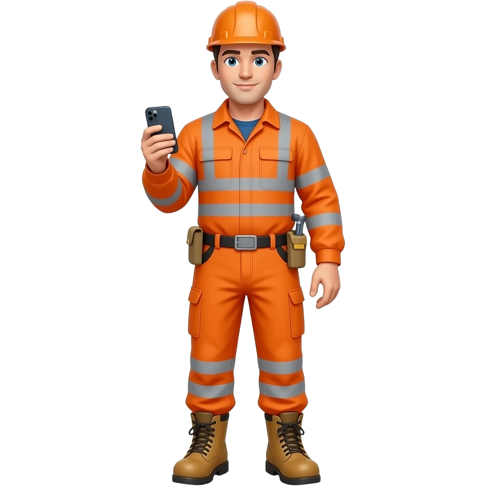 tall engineer in full Hi-vis orange clothing and boots holding a mobile phone emoji