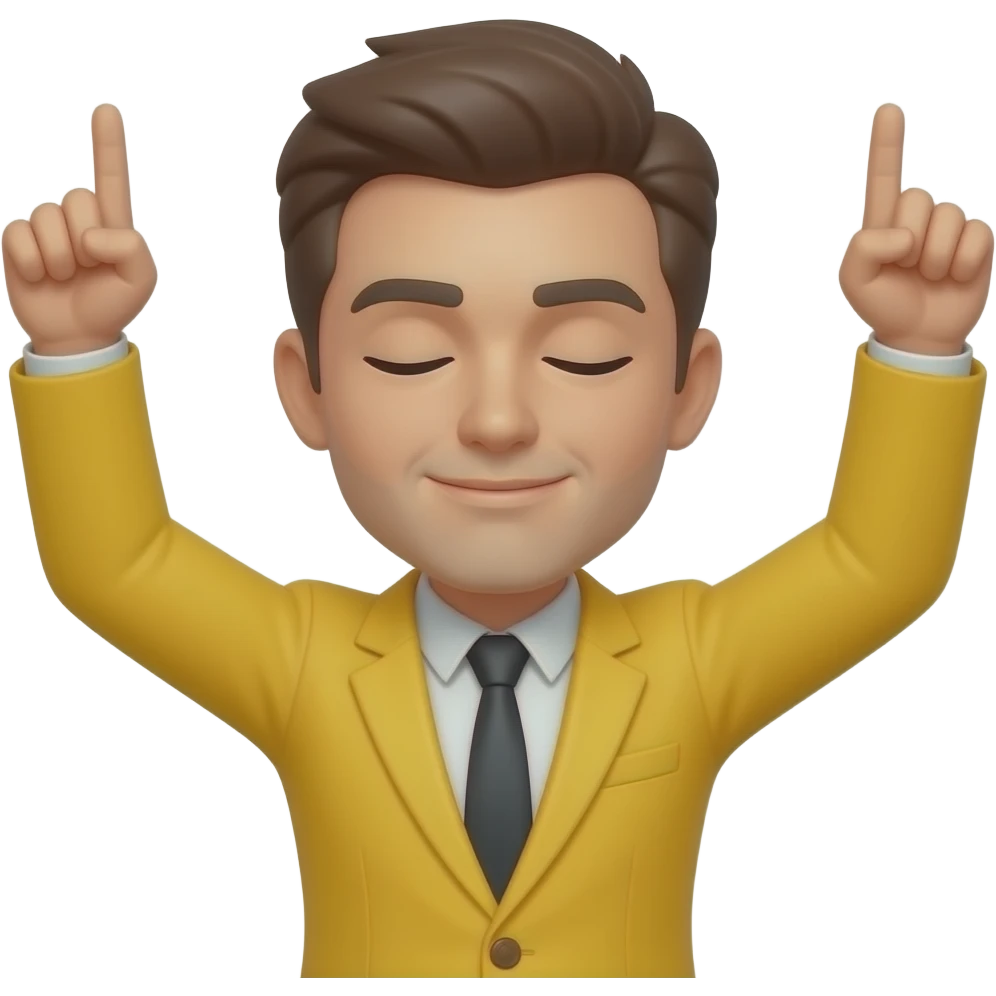 Emojis jaune blazer avec les deux bras levés vers le ciel, les index pointés vers le haut, les yeux fermé, fond blanc, style emoji de blazer , avec que la tête et enleve  le corp emoji