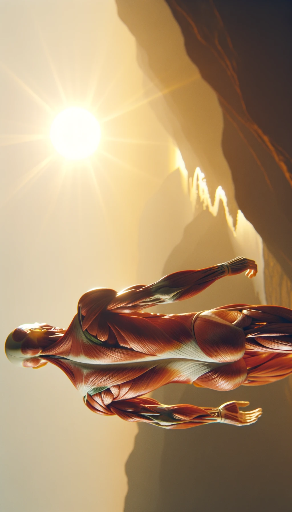 CORPO UMANO ANATOMICO IN PIEDI CHE CAMMINA DI FRONTE AL SOLE ESTIVO, COLORI REALISTICI DEI MUSCOLI, iperrealistico 4k emoji