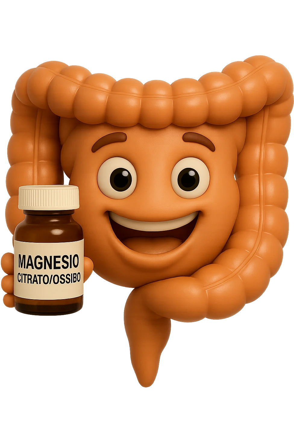 emoji stile iphone 3d di intestino umano felice che tiene in mano una boccetta di magnesio con la scritta "MAGNESIO CITRATO/OSSIDO" SULL'ETICHETTA , iperrealistico 4k emoji